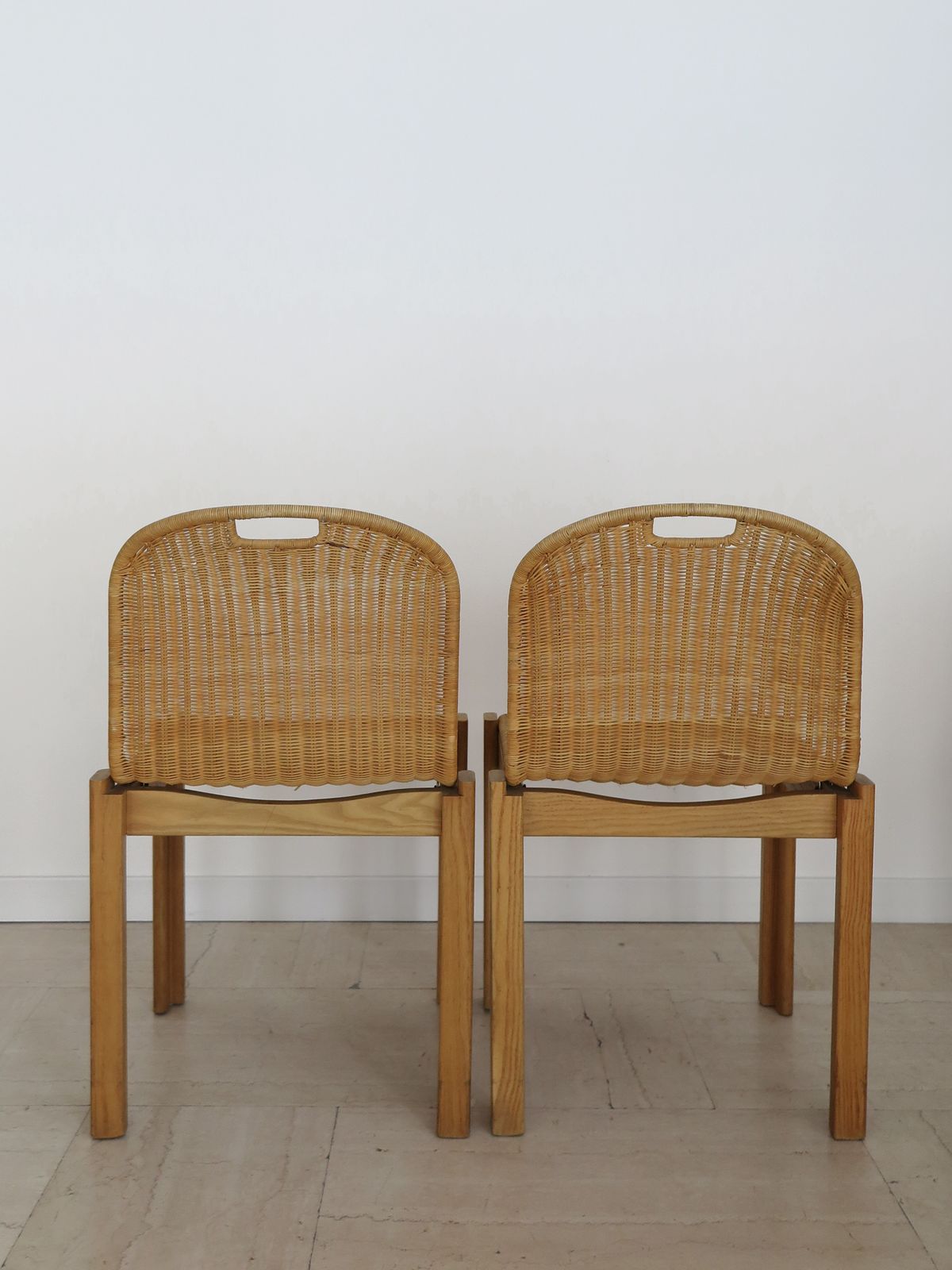 photo furniture Luciano Bertoncini For Bellato Italian Wood And Wicker Dining Chairs 1970s