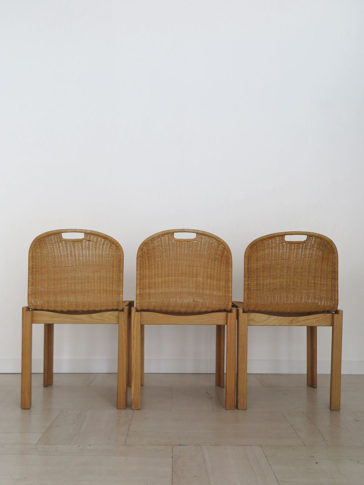 Luciano Bertoncini For Bellato Italian Wood And Wicker Dining Chairs 1970s photo 4500.0