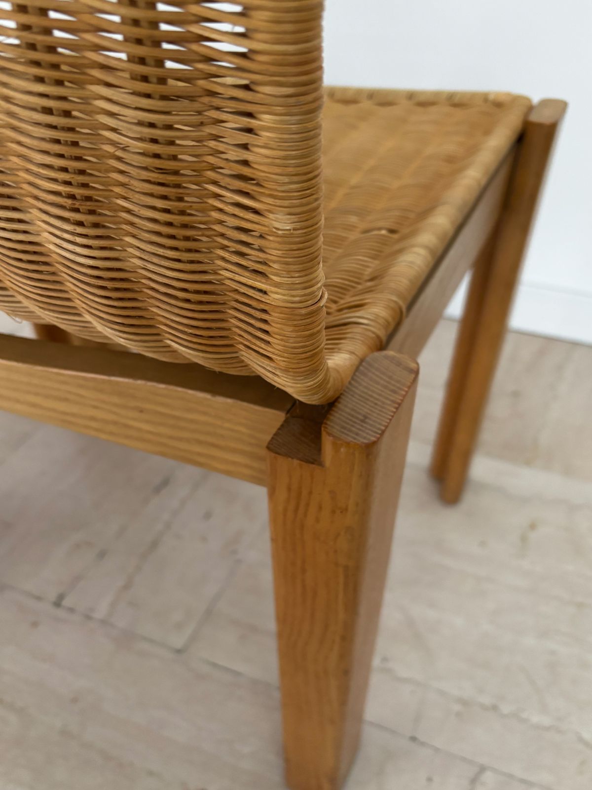 photo buy Luciano Bertoncini For Bellato Italian Wood And Wicker Dining Chairs 1970s