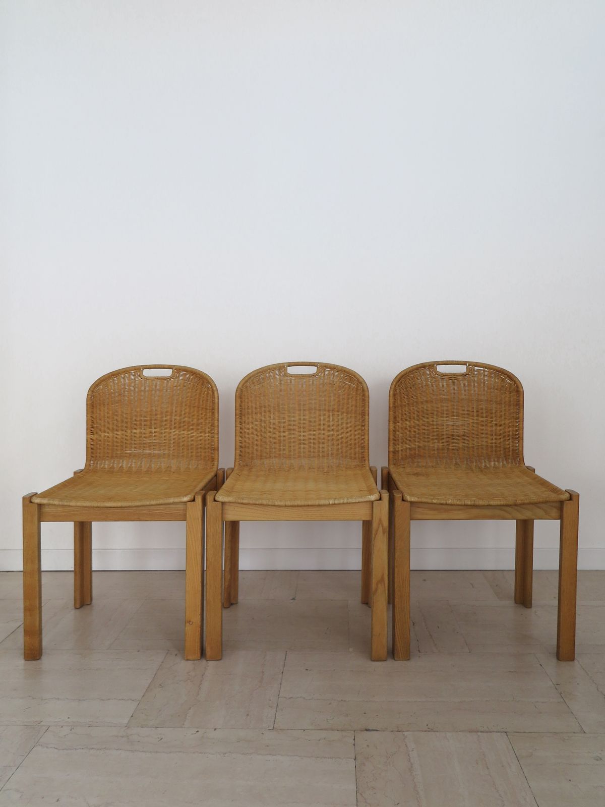 Luciano Bertoncini For Bellato Italian Wood And Wicker Dining Chairs 1970s photo for sale