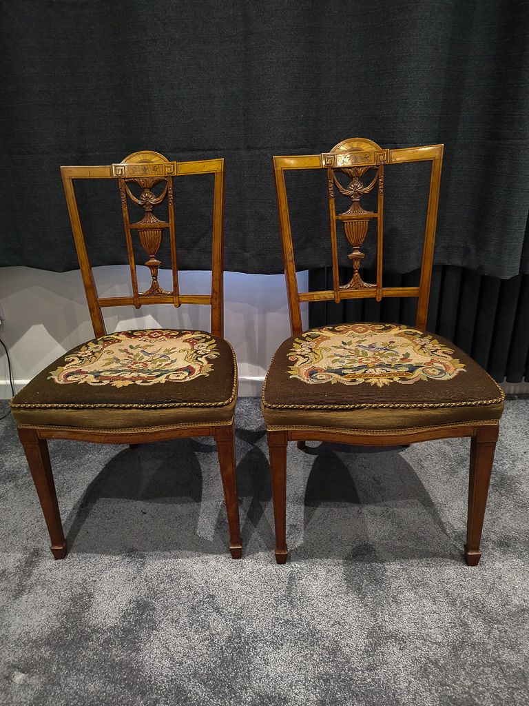 Stunning Pair Of Sheraton Revival Salon Chairs In Solid Satinwood photo 485.0