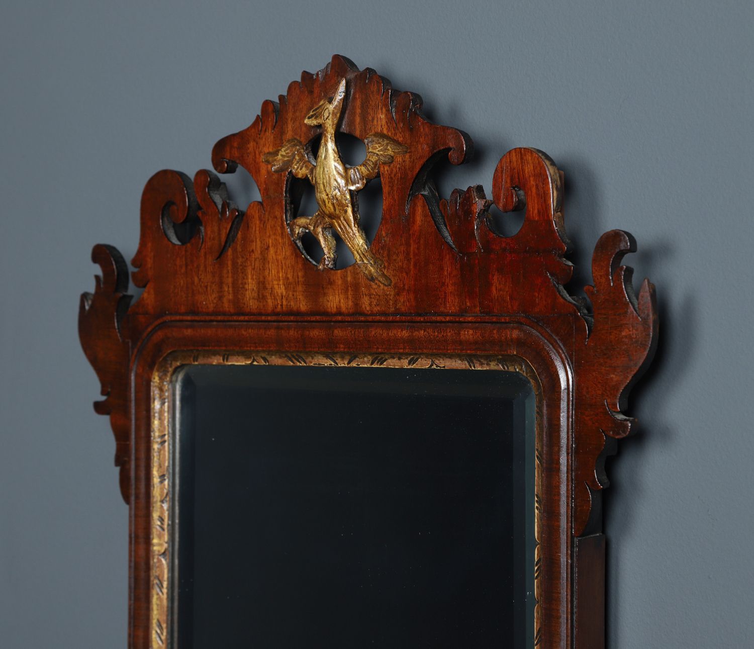 495.0 English Georgian Chippendale Style Walnut & Gilt Wall Hanging Portrait Mirror (Circa 1910) photo