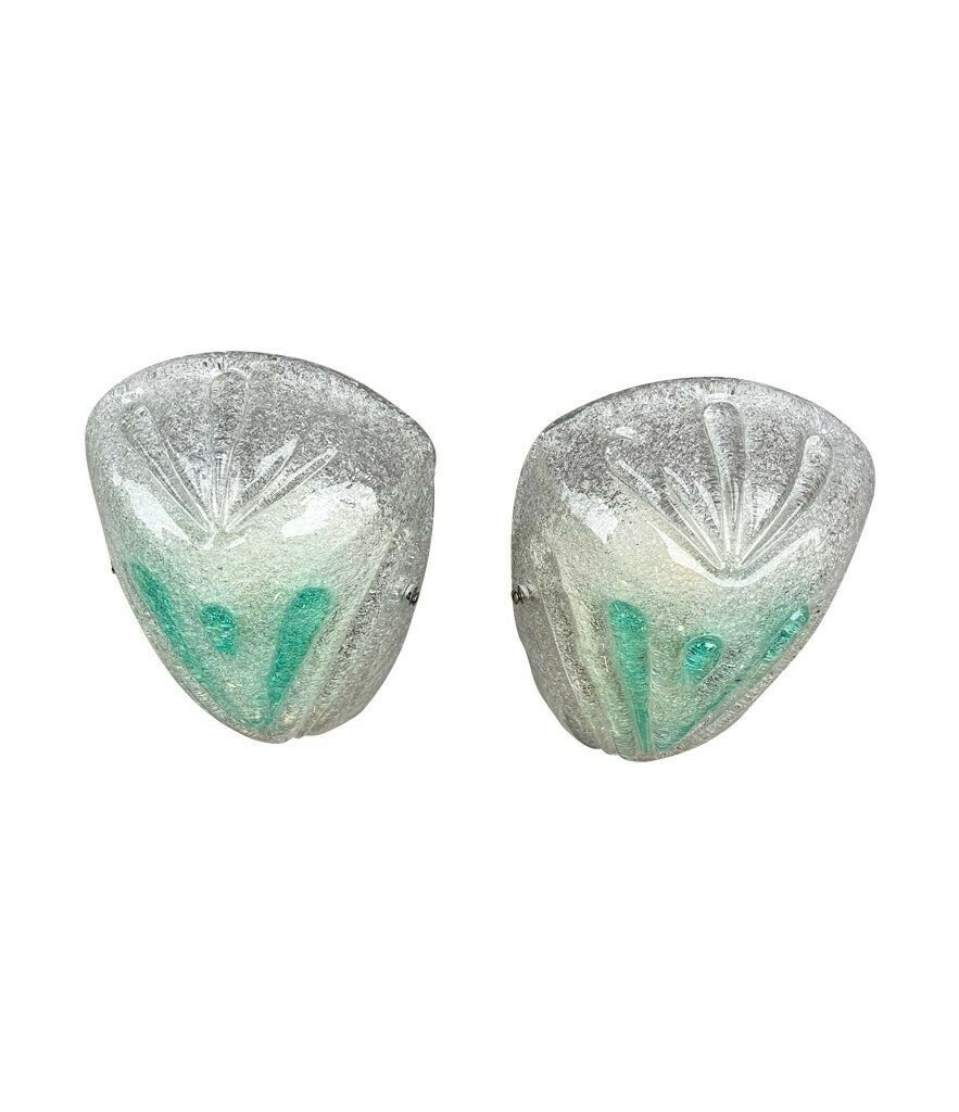 photo for sale A Pair Of 1970s Italian Murano Glass Wall Sconces With Teal Green Detail