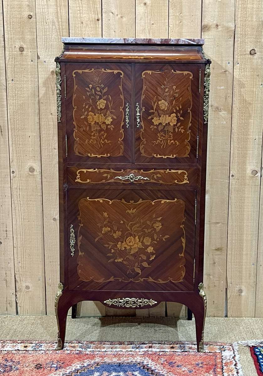 photo vintage Louis XV Cabinet In Rosewood, Oak And Marble Top