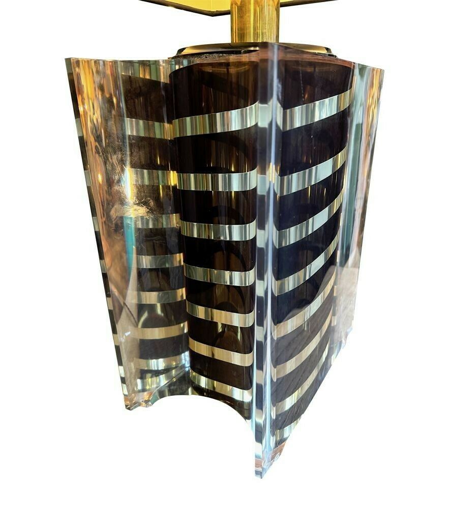 A Large Italian 1970s Romeo Rega Lucite And Brass Lamp With Chocolate And Chrome Stripes photo vinterior