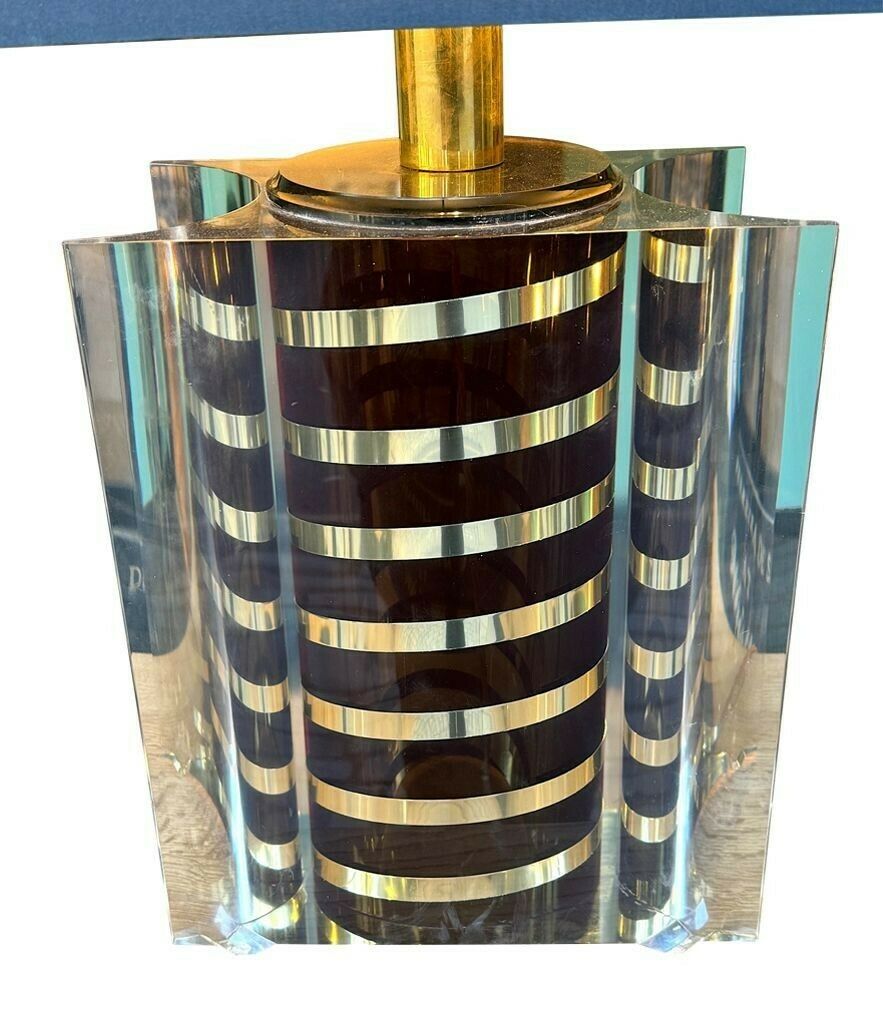 A Large Italian 1970s Romeo Rega Lucite And Brass Lamp With Chocolate And Chrome Stripes photo buy
