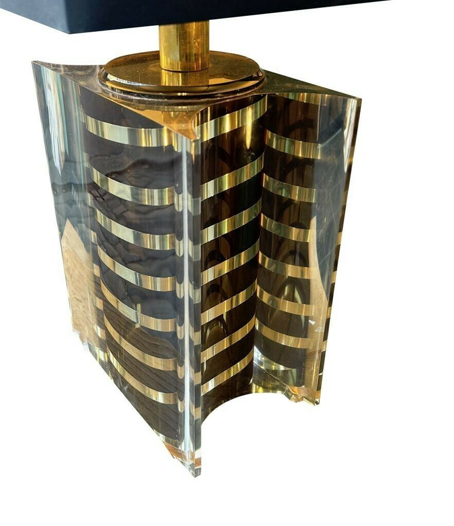 A Large Italian 1970s Romeo Rega Lucite And Brass Lamp With Chocolate And Chrome Stripes photo vintage