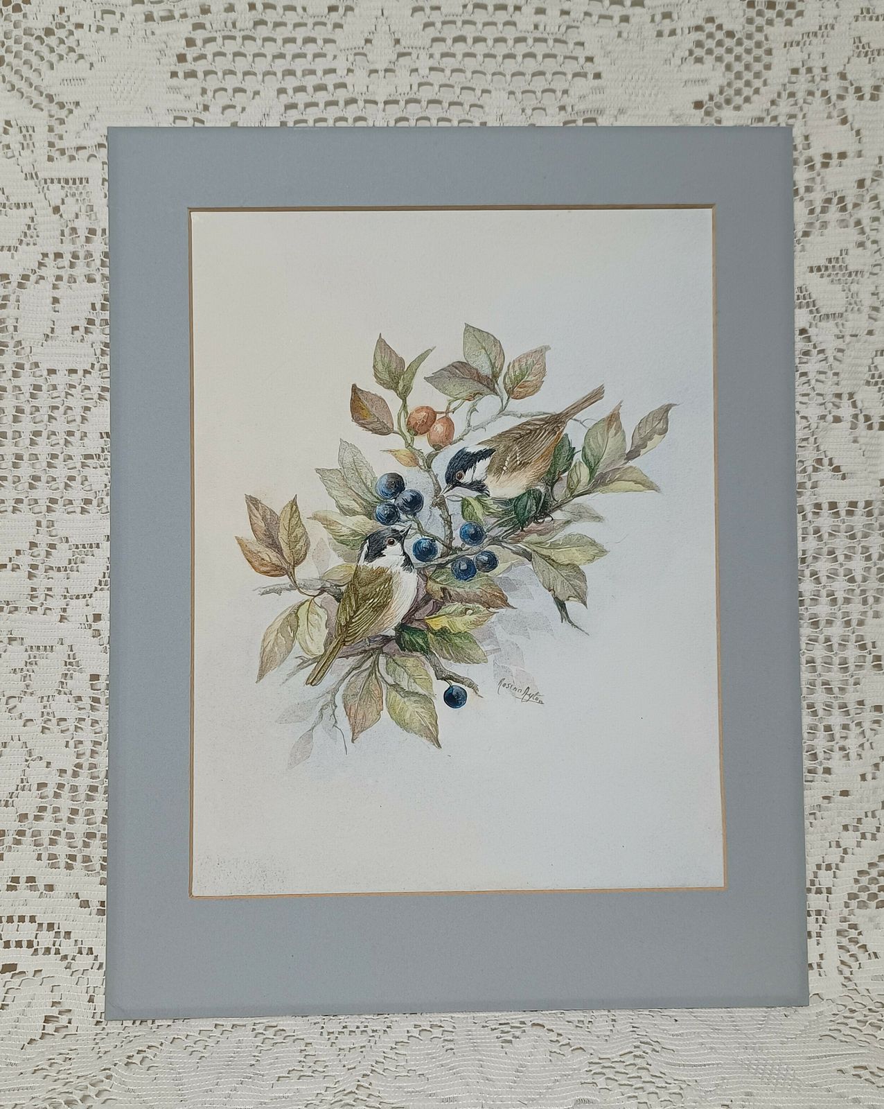 Original Watercolour Painting Wild Birds Amongst The Blue Sloe Berries And Red Rose Hips Signed Unframed. photo furniture