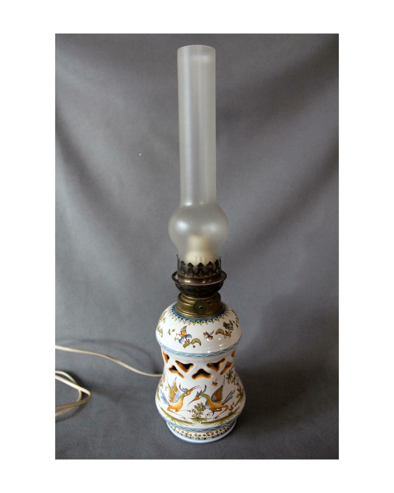 Vintage French Ceramic Converted Oil Lamp To Electric Lamp, Moustiers Vallauris, Handpainted, Desk Lamp, Glass Chimney Tube, Exotic Birds