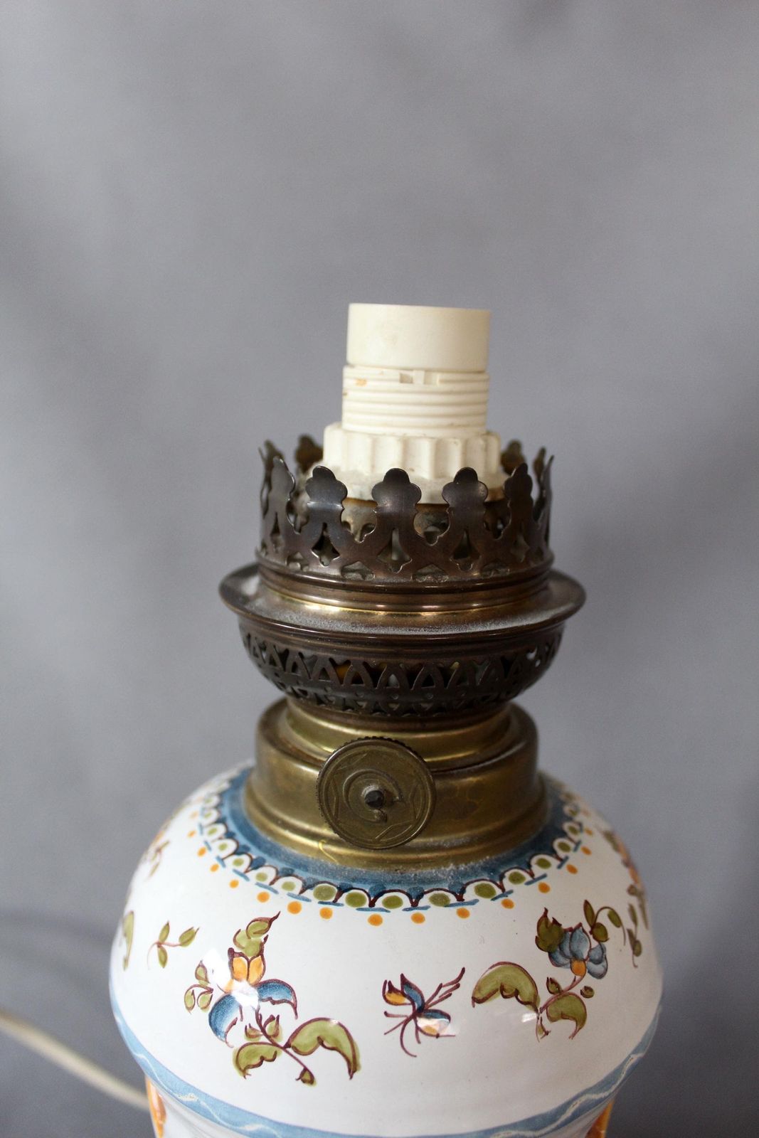 Vintage French Ceramic Converted Oil Lamp To Electric Lamp, Moustiers Vallauris, Handpainted, Desk Lamp, Glass Chimney Tube, Exotic Birds photo buy