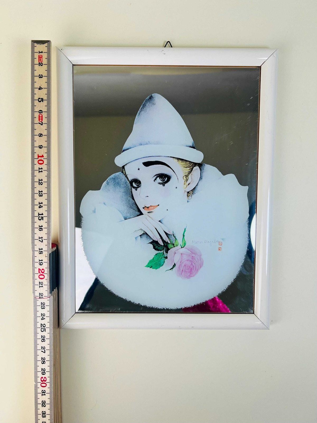 Pierrot Mirror Love Print By Mira Fujita   Pierrot With A Rose   1980s  Rare photo Home Decor