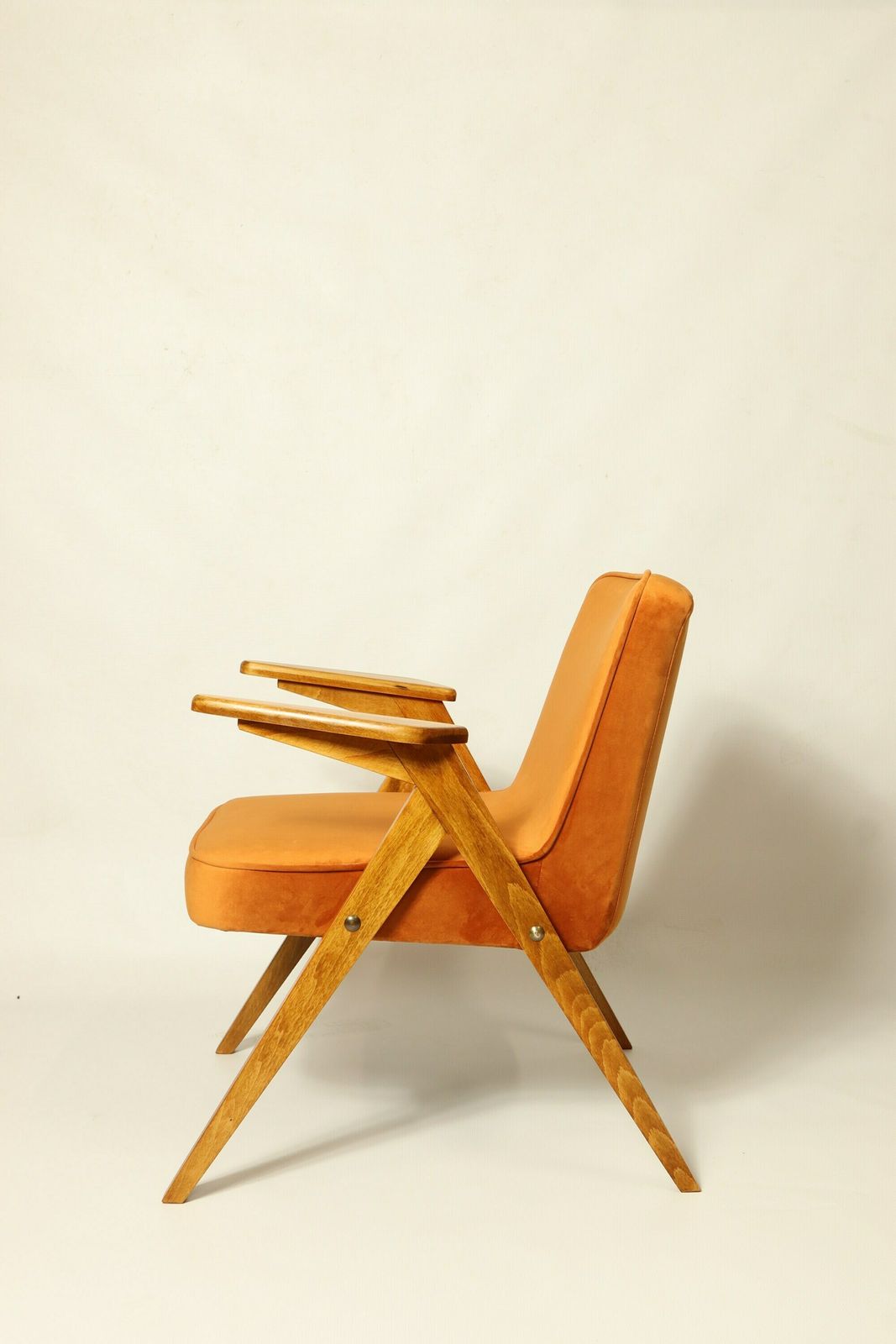 Vintage Lounge Chair Burt Orange By J. Chierowski, 1960, Scandinavian Design Velvet Fabric photo for sale