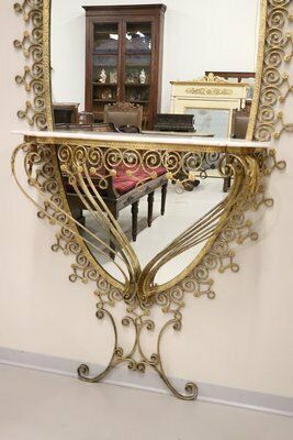 Large Mid 20th Century Oval Floor Mirror In Iron With Consolle Table In Marble Attributed To Pier Luigi Colli photo furniture