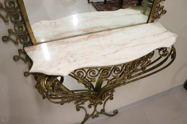 photo for sale Large Mid 20th Century Oval Floor Mirror In Iron With Consolle Table In Marble Attributed To Pier Luigi Colli