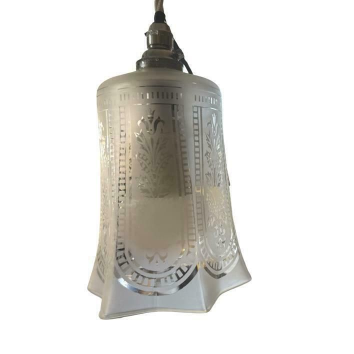 A Pair Of Edwardian Etched Glass Pendant Lamps photo for sale