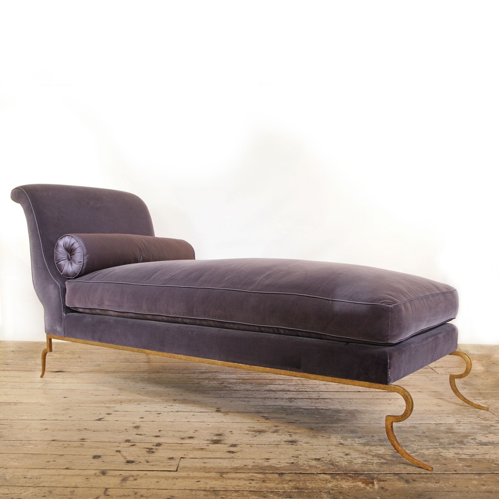 Hollywood Regency American Silk Velvet Daybed Raised On Gilt Metal Legs With Satin Bolster