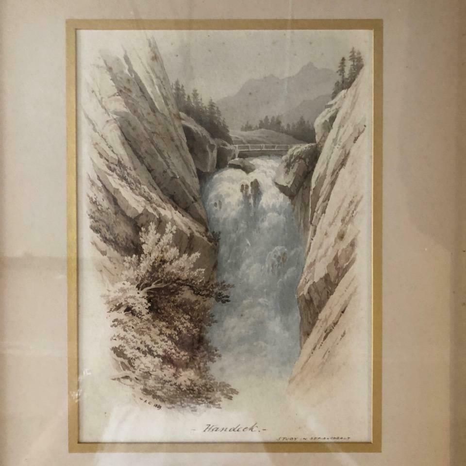 Sir William R Clayton 19th Century Waterfall Watercolour. photo furniture