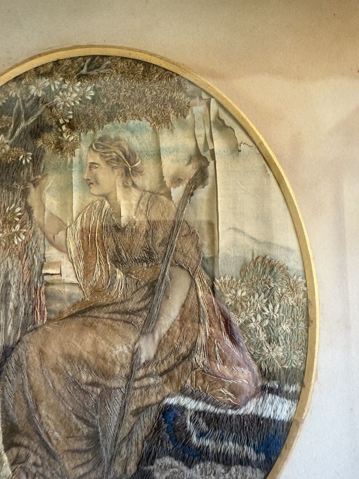 Art Pair Of Antique Silk Embroidery Pictures Tapestry Gilt Frame Seated Ladies photo