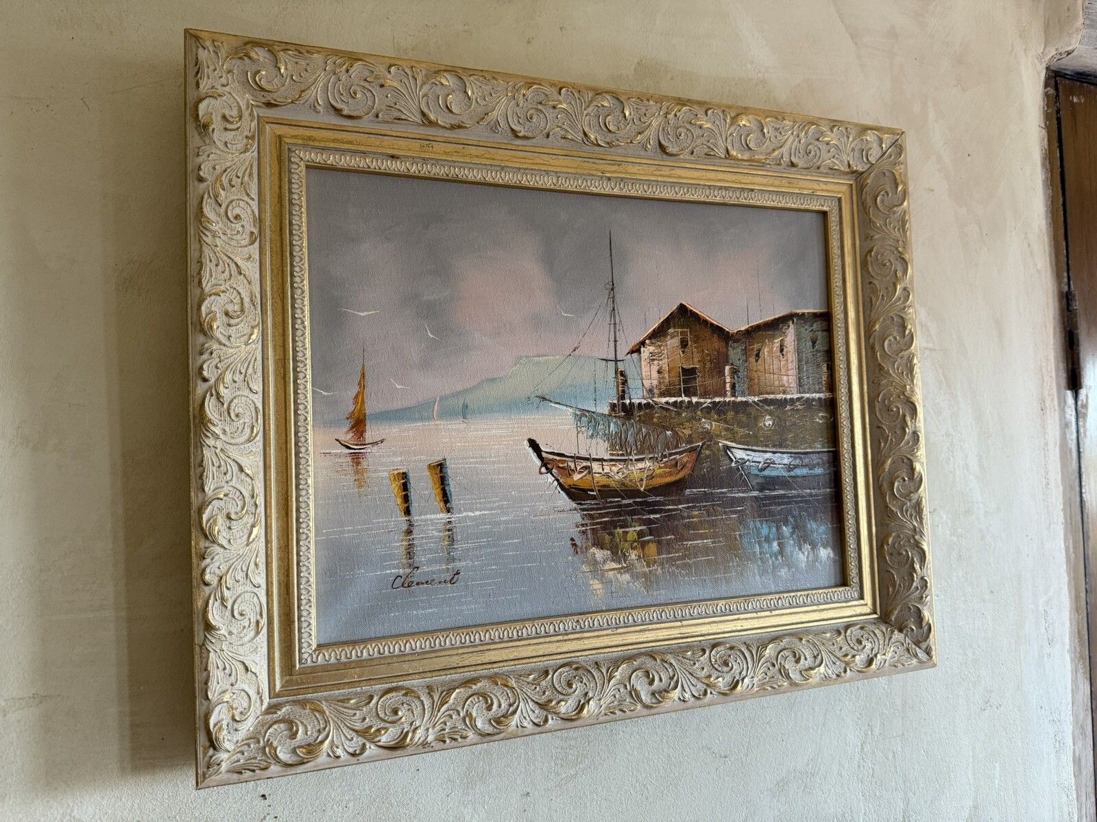 Antique Oil Painting On Canvas Fishing Boats At Bay Signed Clement Gilt & Cream photo Art