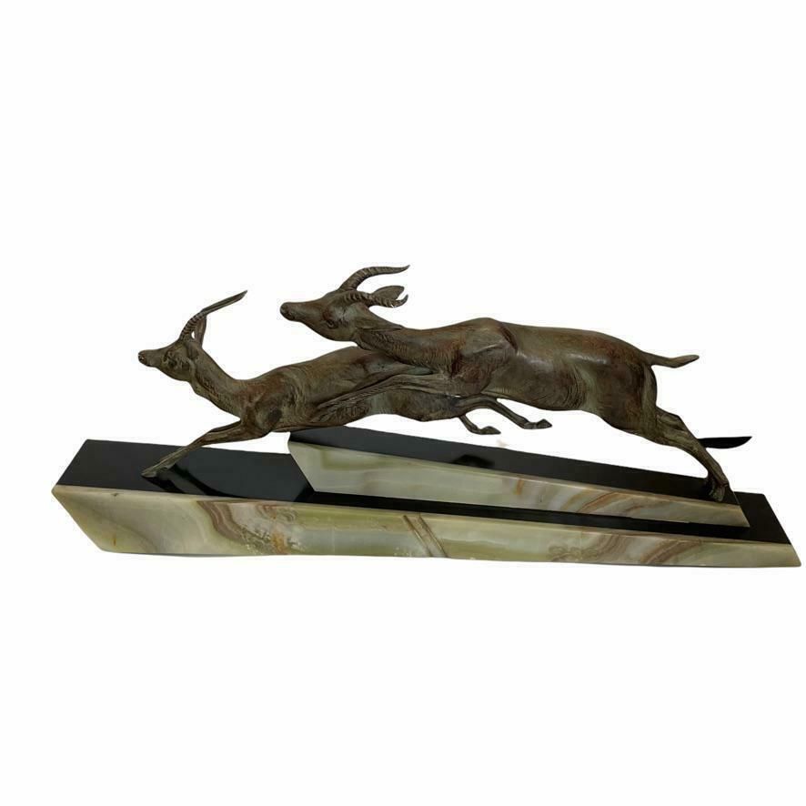 1920's French Bronze Sculpture Of Two Antelope On A Black And Green Onyx Base