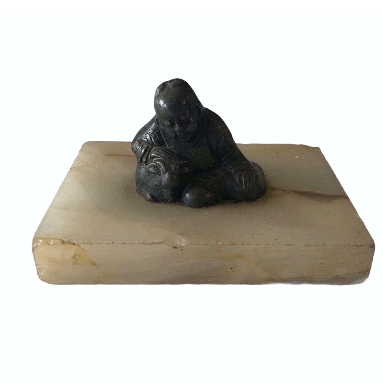 1920s Alabaster Paperweight With A Japanese Figure In Bronze