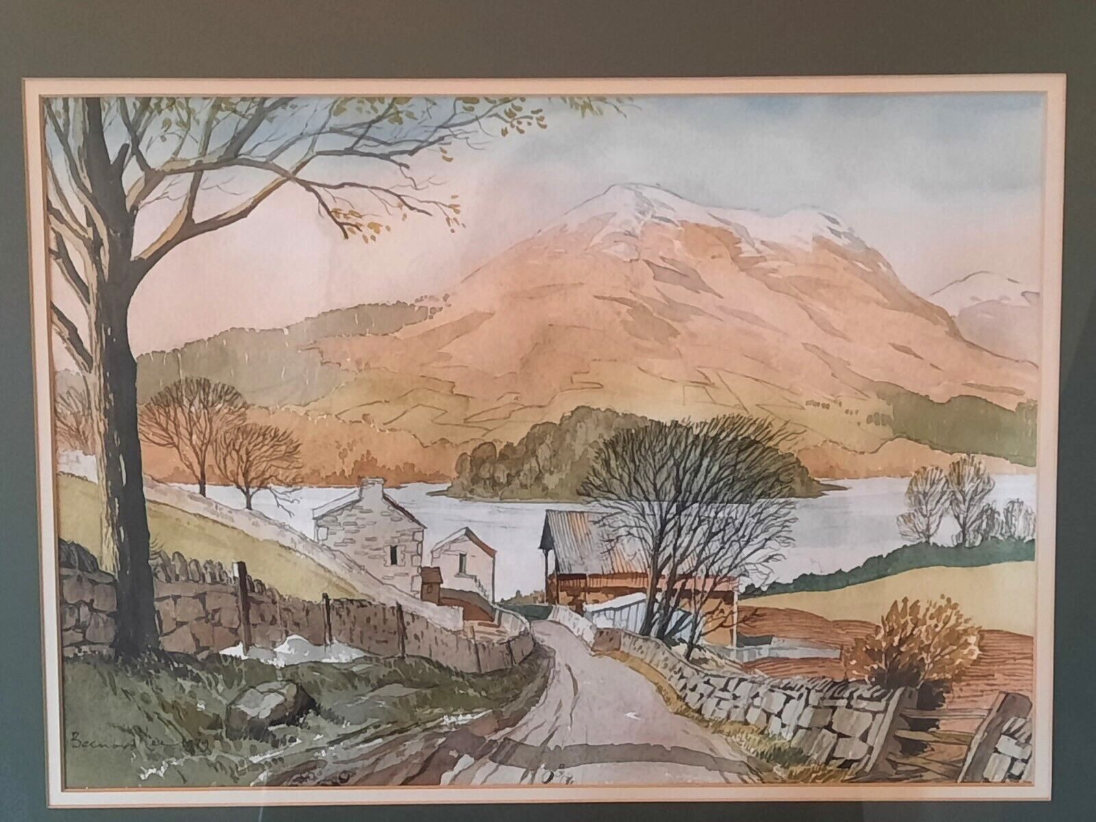 Original Watercolour Snowy Mountain Peak And Rural Setting Signed Bernard Lee photo for sale
