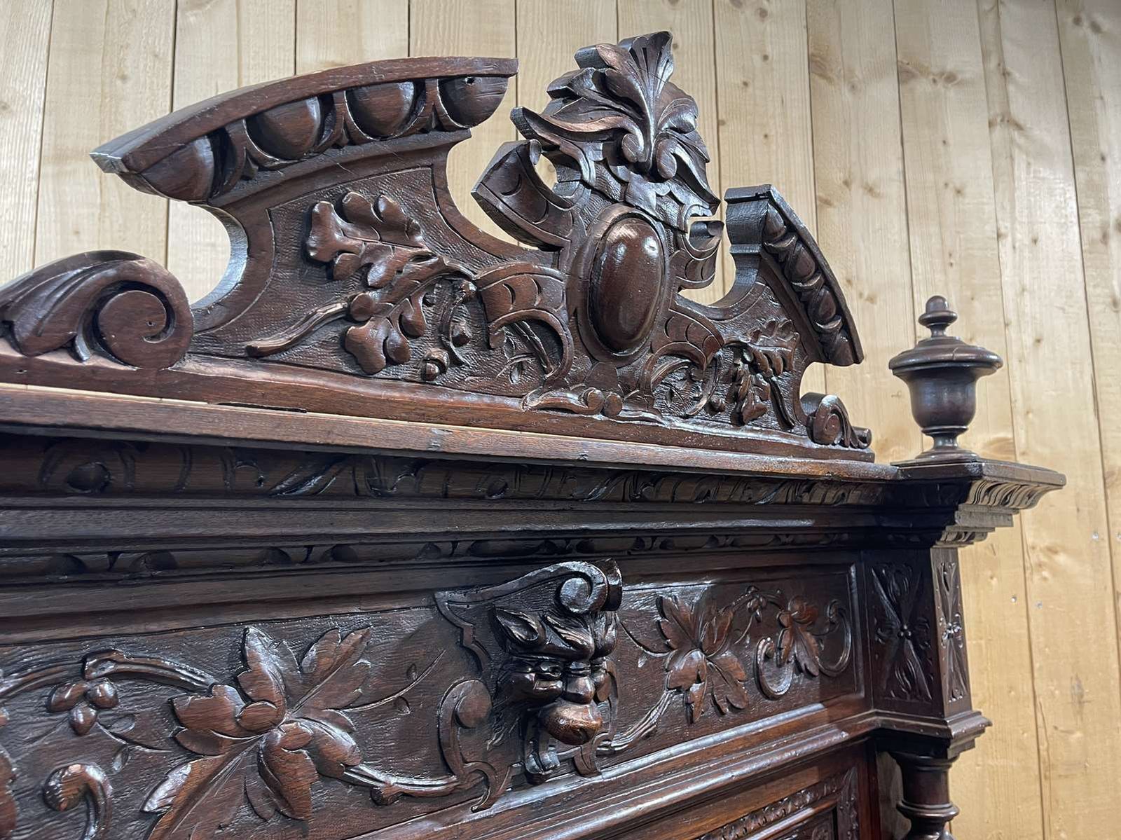 Renaissance 2 Body Sideboard On The Theme Of Hunting And Fishing, 19th Century Work In Oak photo for sale