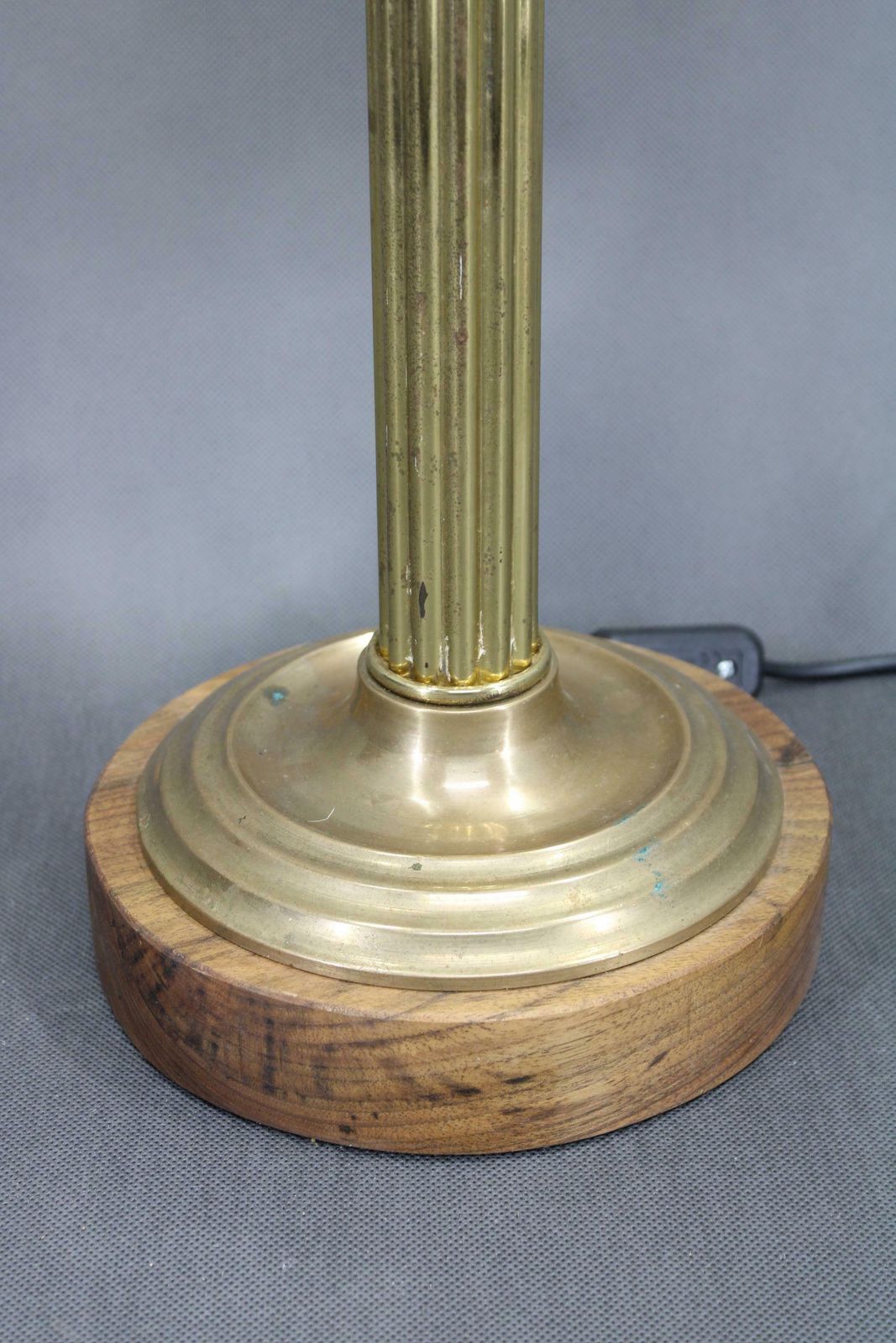 1940s Restored Brass Table Lamp With Wooden Base And Glass Shade photo Lighting