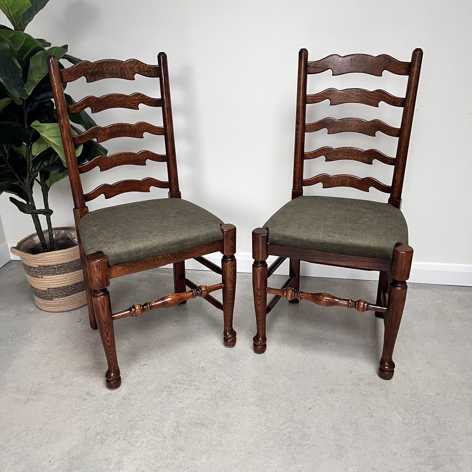 Pair Of Vintage Oak Wavy Line Ladderback Dining Chairs, 1980s, Reupholstered photo for sale