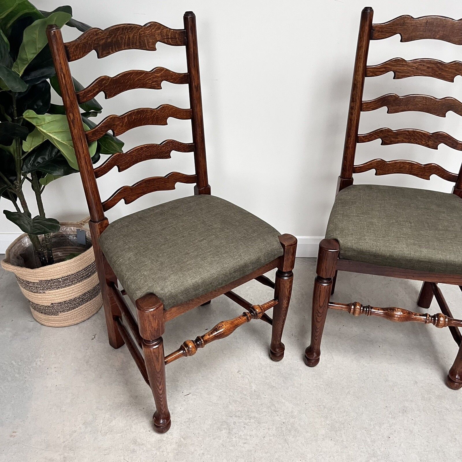Pair Of Vintage Oak Wavy Line Ladderback Dining Chairs, 1980s, Reupholstered photo 180.0