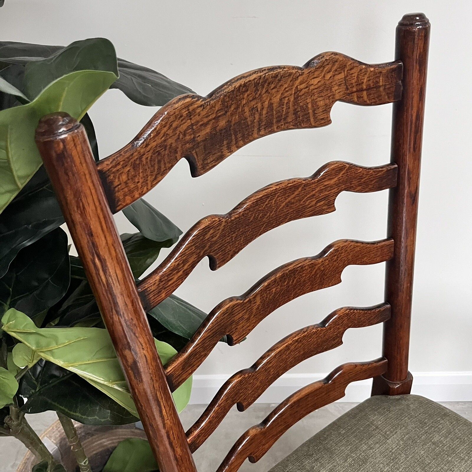 Pair Of Vintage Oak Wavy Line Ladderback Dining Chairs, 1980s, Reupholstered photo vintage