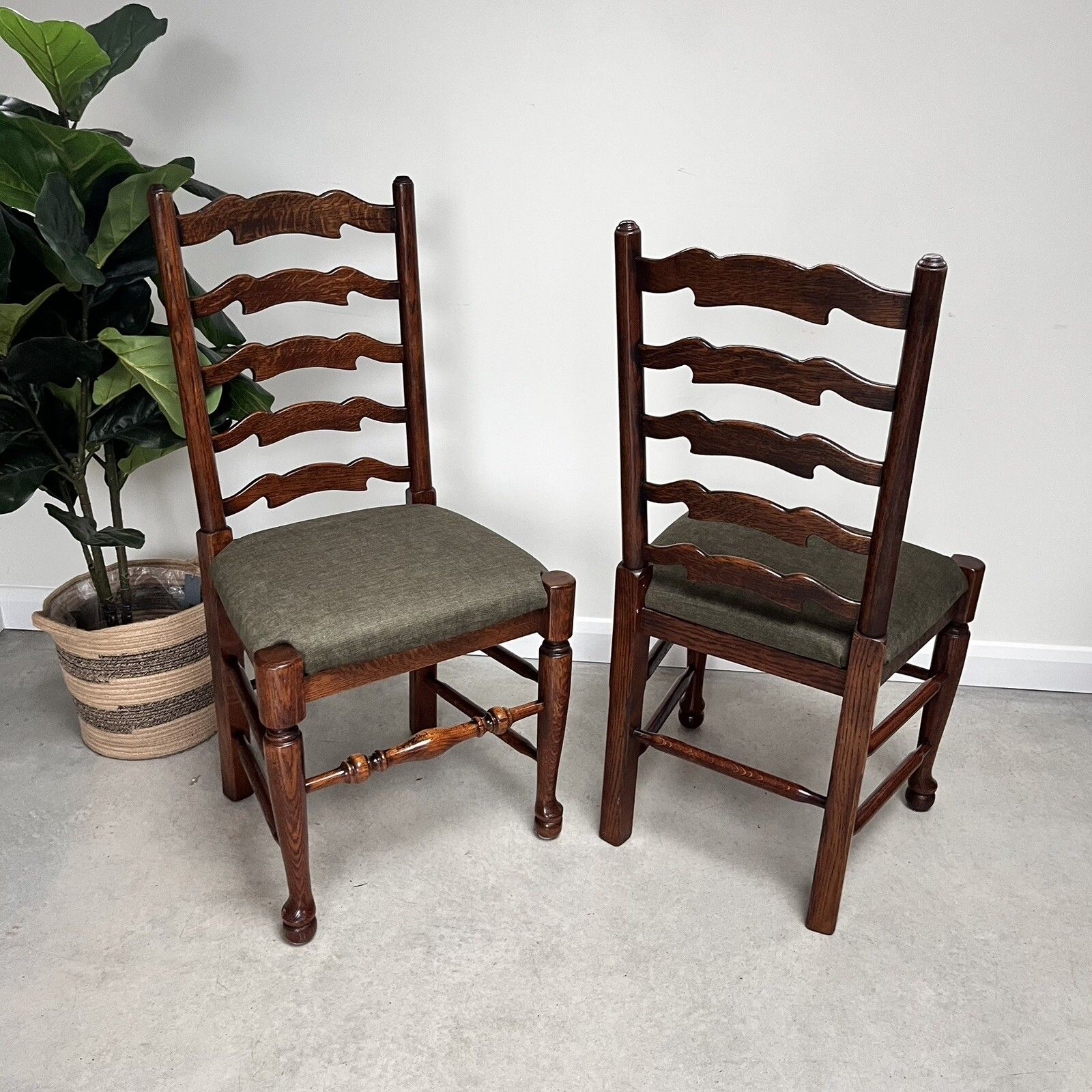 180.0 Pair Of Vintage Oak Wavy Line Ladderback Dining Chairs, 1980s, Reupholstered photo