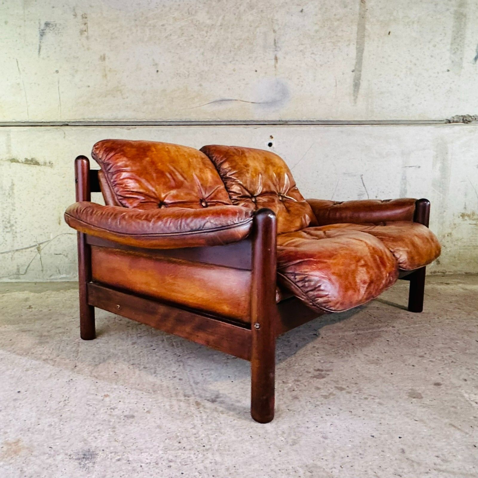 Vintage 1970s Swedish Arne Norell Two Seater Sofa & Chair Tan Leather Set #A457 photo buy