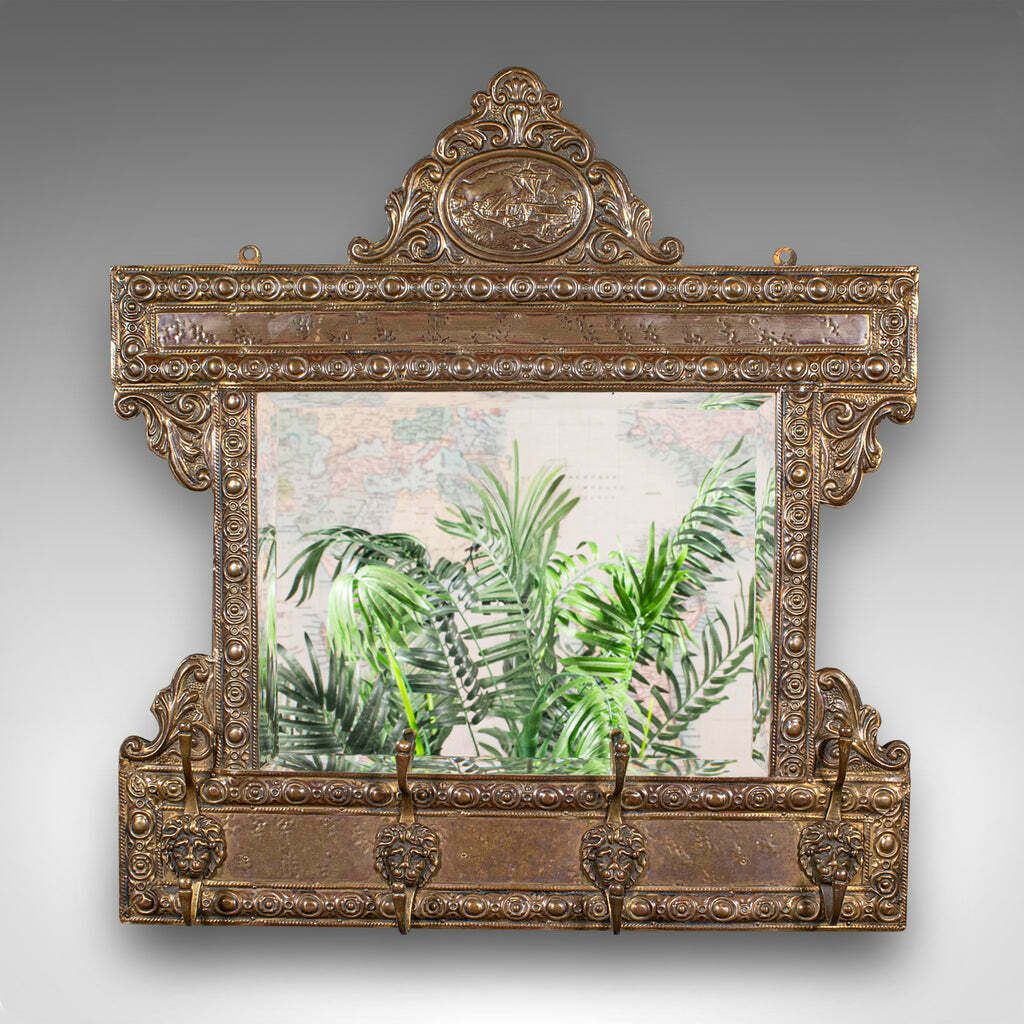 Antique Hallway Valet Mirror, Dutch, Brass, Reception, Wall, Edwardian, C.1910 photo furniture