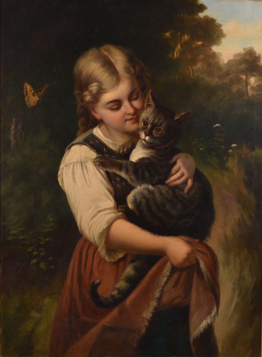 Rudolf Epp (1834 1910) Young Girl Holding A Cat, Oil Painting