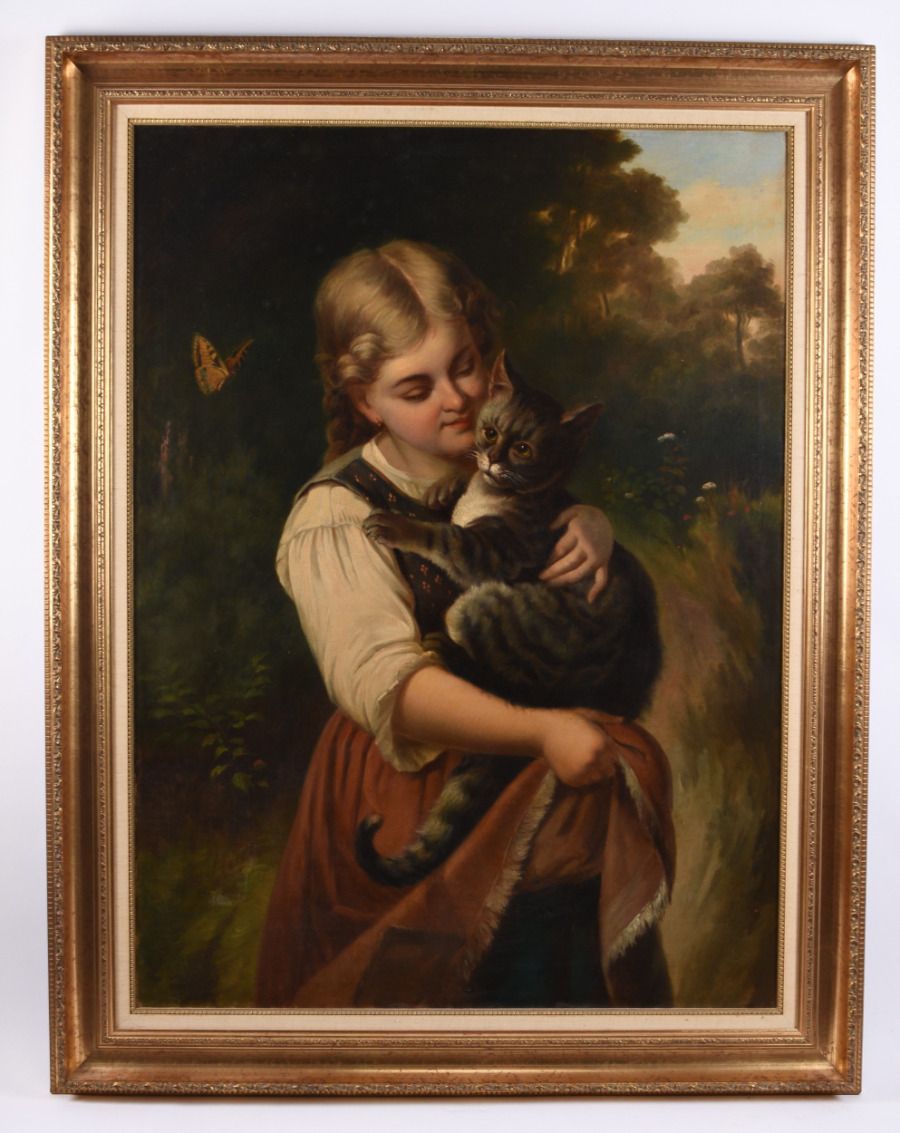 Rudolf Epp (1834 1910) Young Girl Holding A Cat, Oil Painting photo furniture
