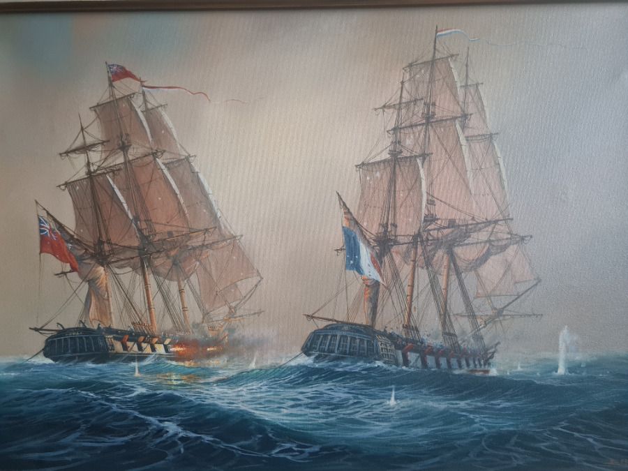 Frigate Action Scene   French Frigate Cléopâtre Against Hms Nymphe By Donald Macleod, Oil On Canvas photo furniture