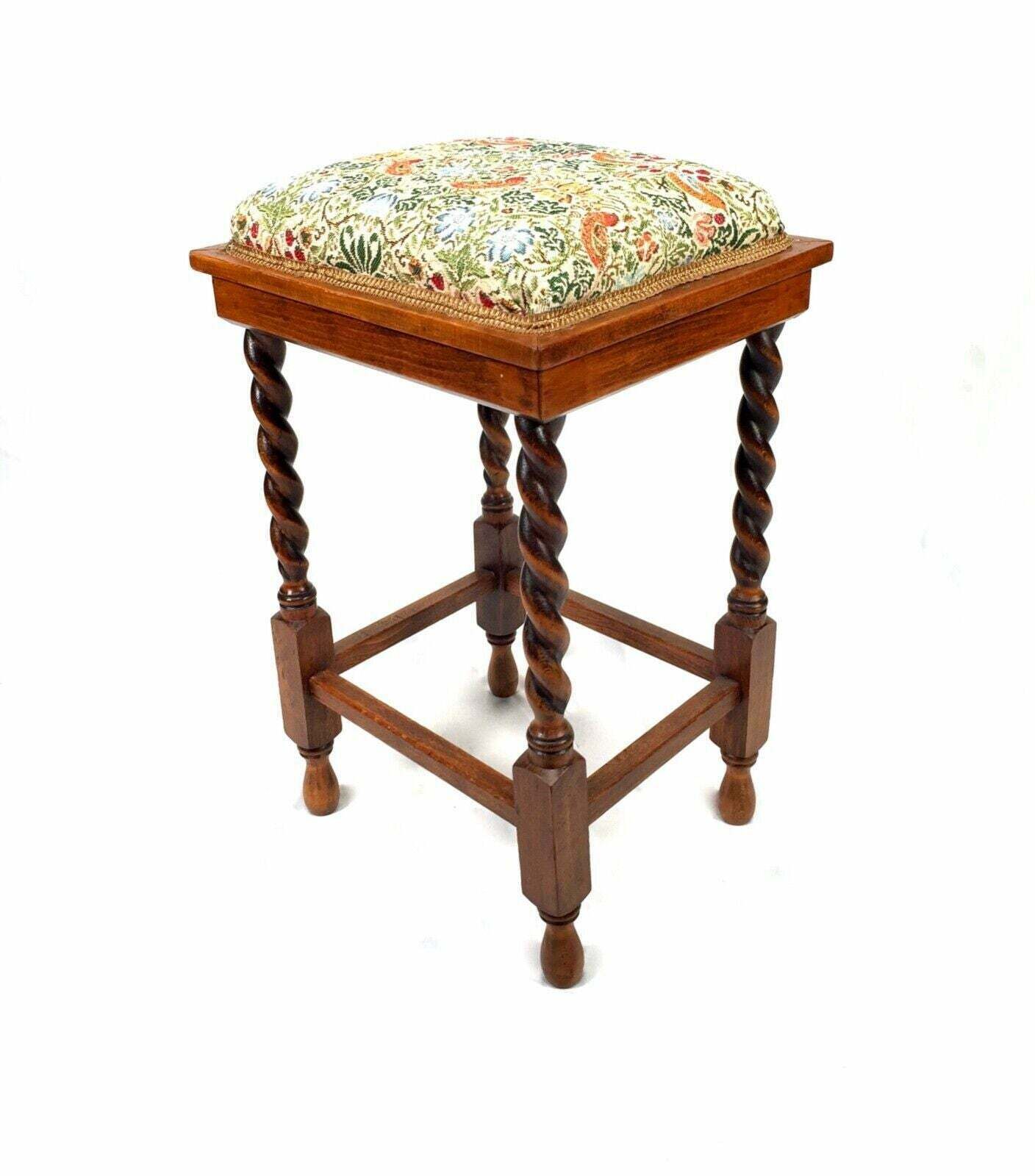 Antique Solid Oak Arts And Crafts Barley Twist Stool / Seat C1920 Nouveau Fabric