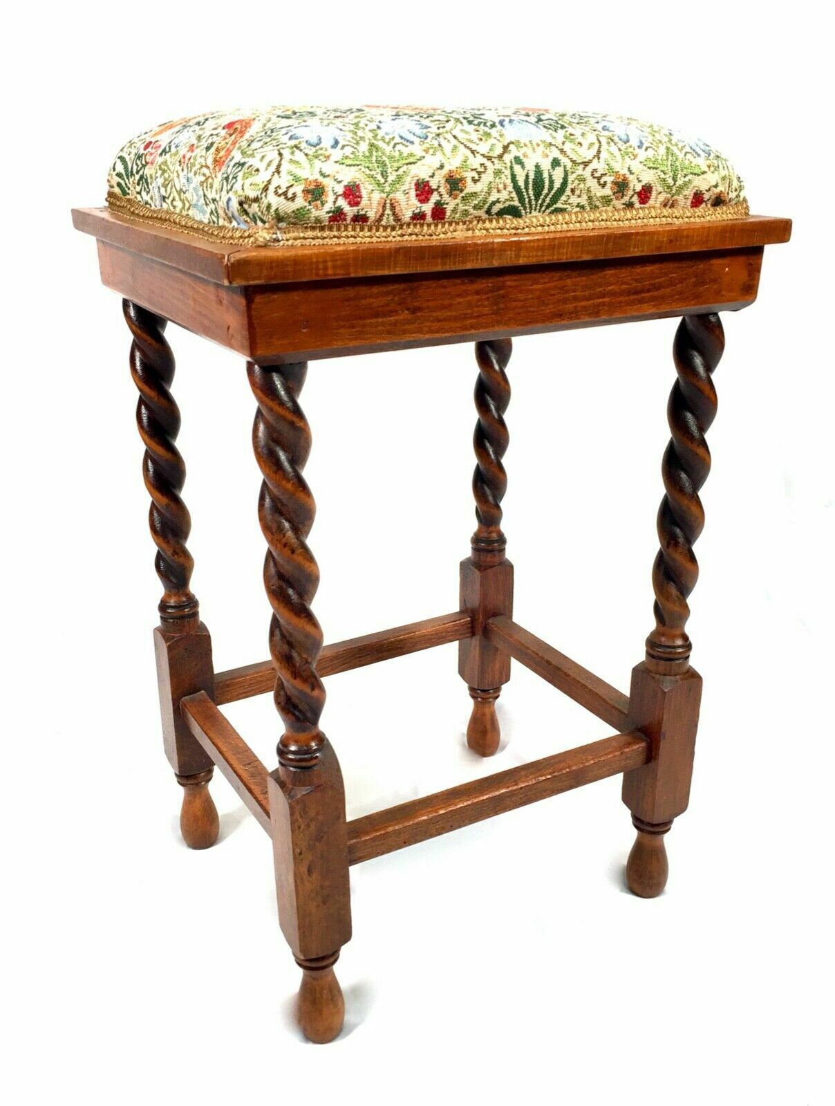 Antique Solid Oak Arts And Crafts Barley Twist Stool / Seat C1920 Nouveau Fabric photo Furniture