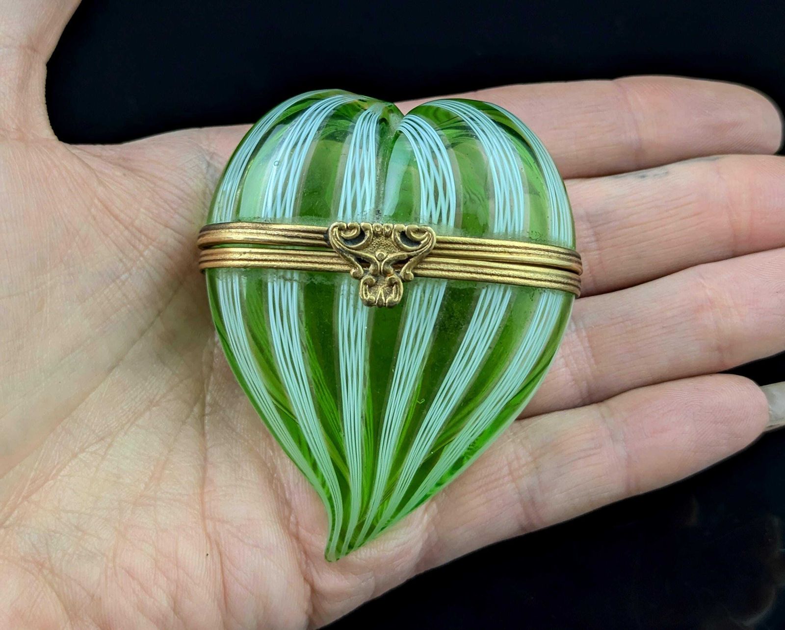 Antique Glass Witches Heart Box, Striped Glass
