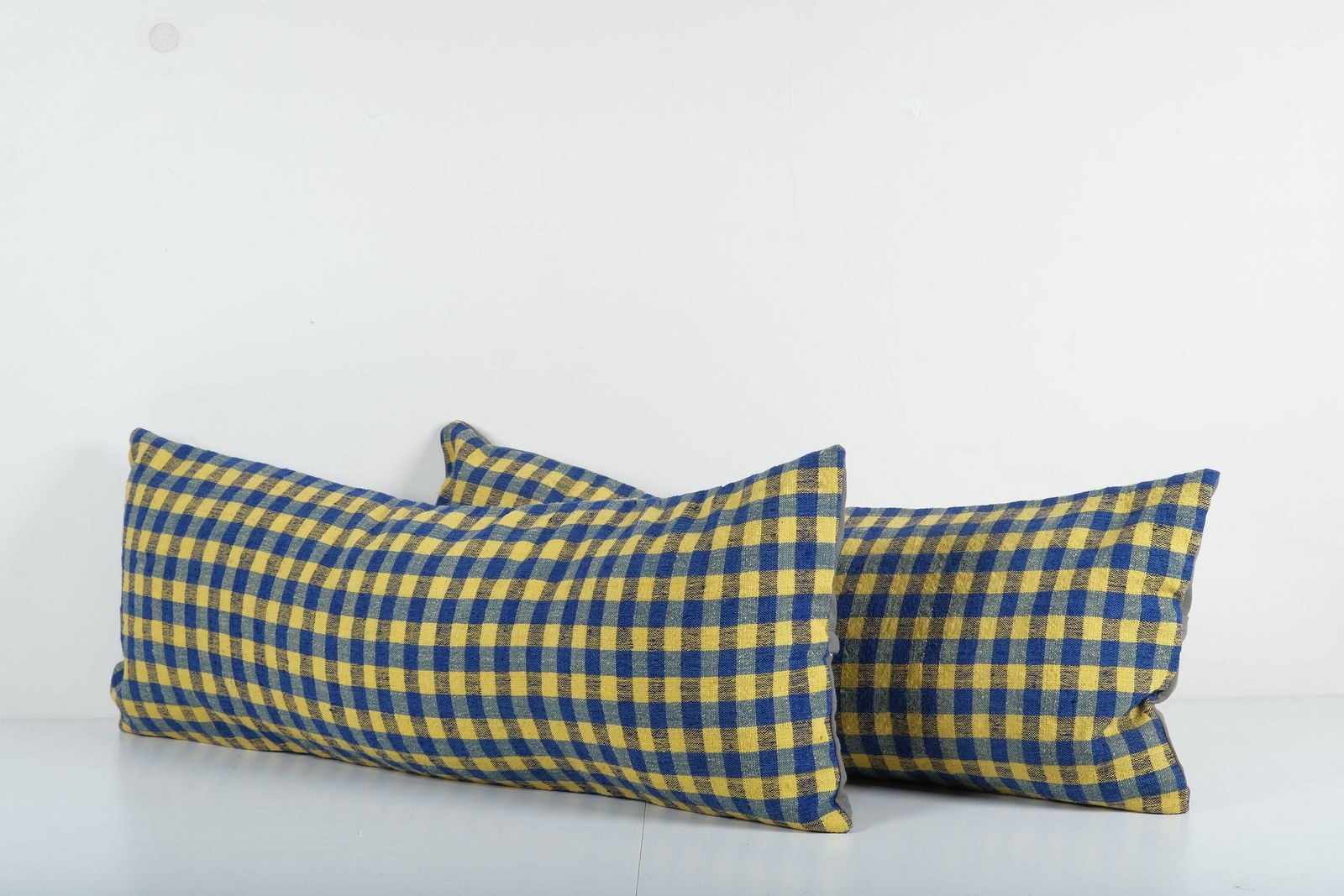 Anatolian Striped Yellow And Blue Geometric Kilim Rug Pillow Cover, Set Of Two Wool Handmade Bedding Lumbar Cover photo for sale