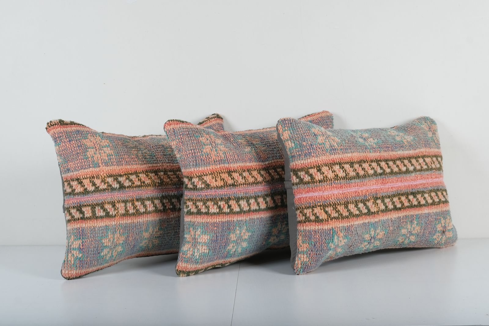 Set Of Three Turkish Oushak Rug Pillow Cover, Matching Pink And Blue Boho Woven Lumbar  Pillow Cover photo Textiles