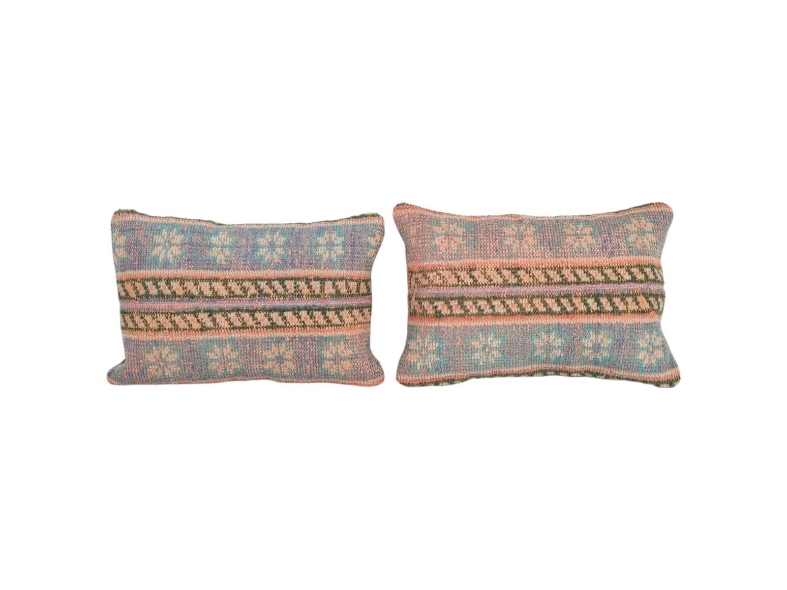 Set Of Two Turkish Rug Pillow Covers   Handmade Pink And Blue Wool Oushak Lumbar Cushions For Cozy Home Decor