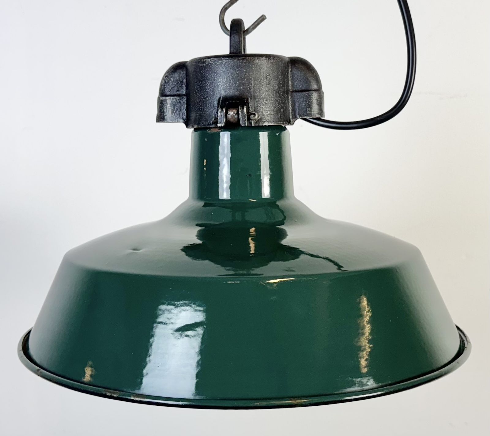 Industrial French Dark Green Enamel Factory Pendant Lamp, 1960s, 5x photo furniture