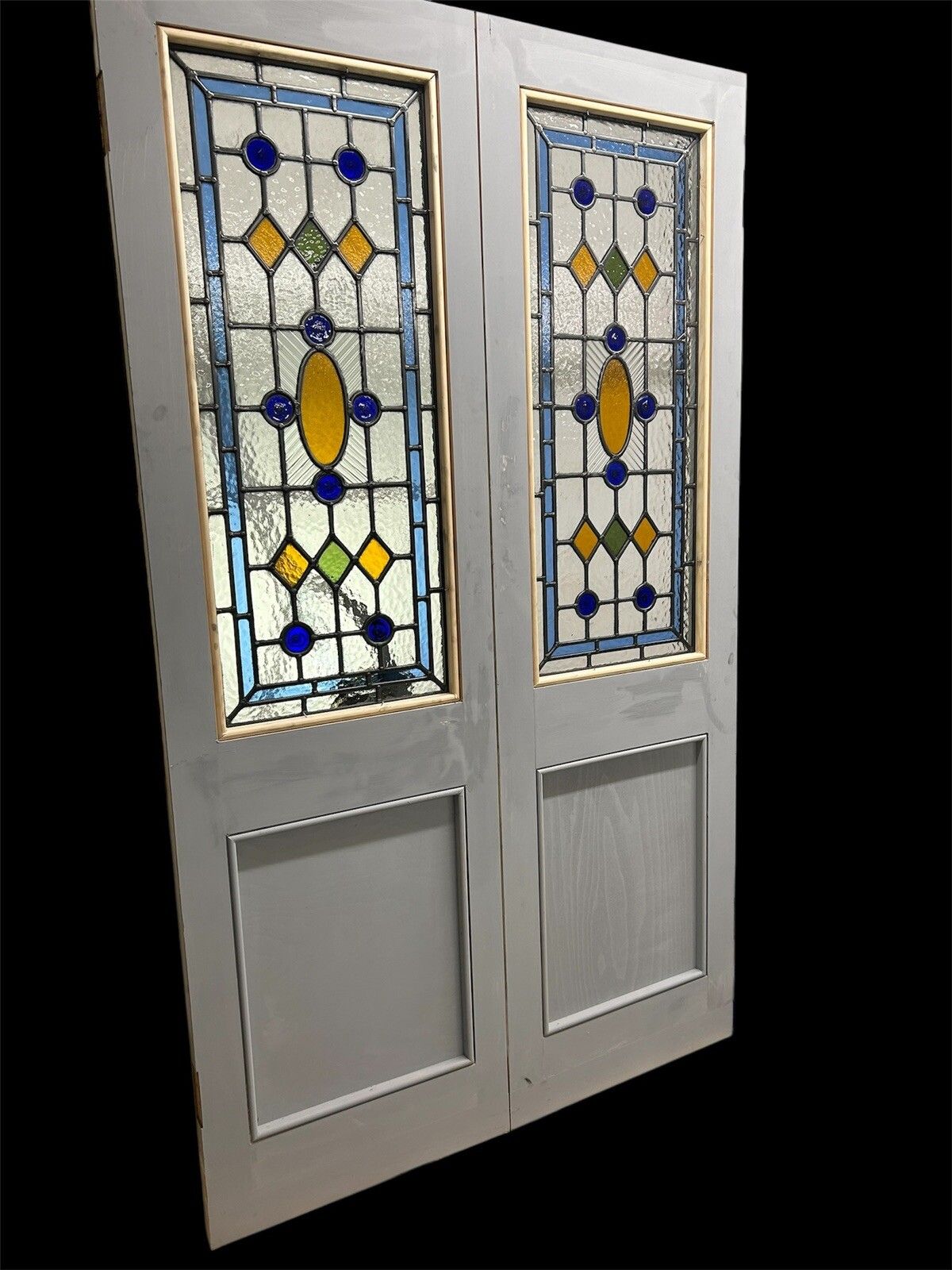 photo for sale Victorian Stained Glass Doors Antique Period Reclaimed Old French Double Set Led
