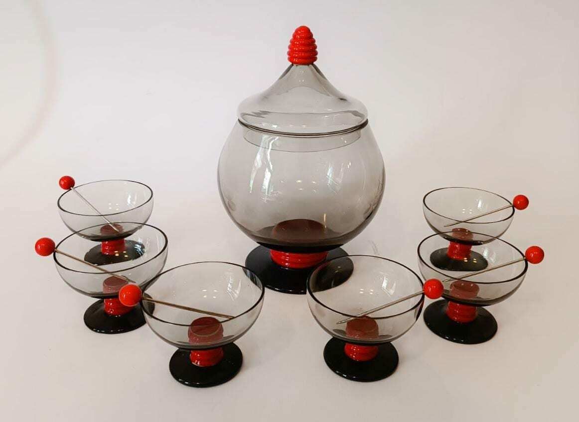 Murano Glass Service Set Designed By Napoleone Martinuzzi 6 Glasses Aperitif Cup Smoked Red