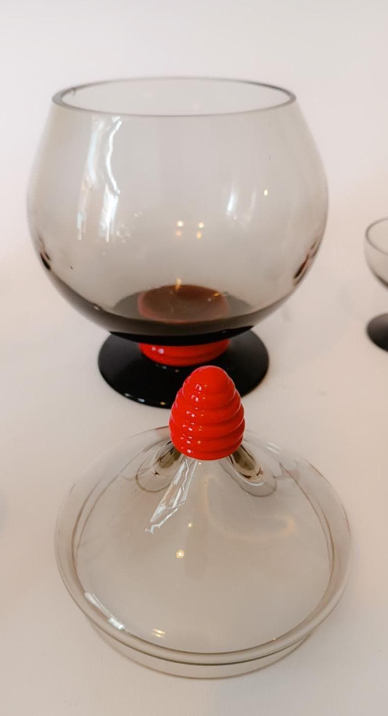 Murano Glass Service Set Designed By Napoleone Martinuzzi 6 Glasses Aperitif Cup Smoked Red photo vintage