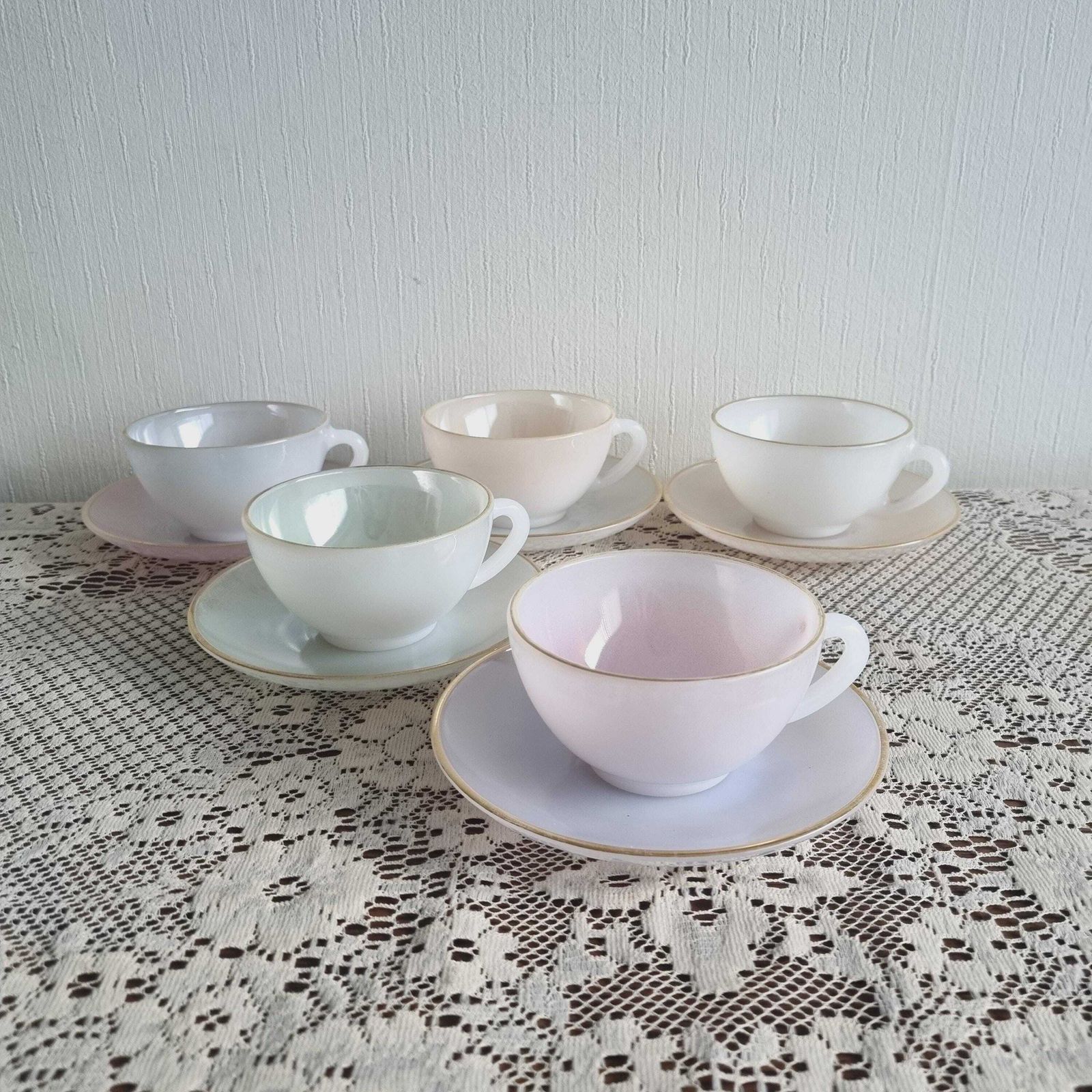Vintage Acropal Opale Vintage Harlequin French Teacups/Coffee Cups   Set Of Five