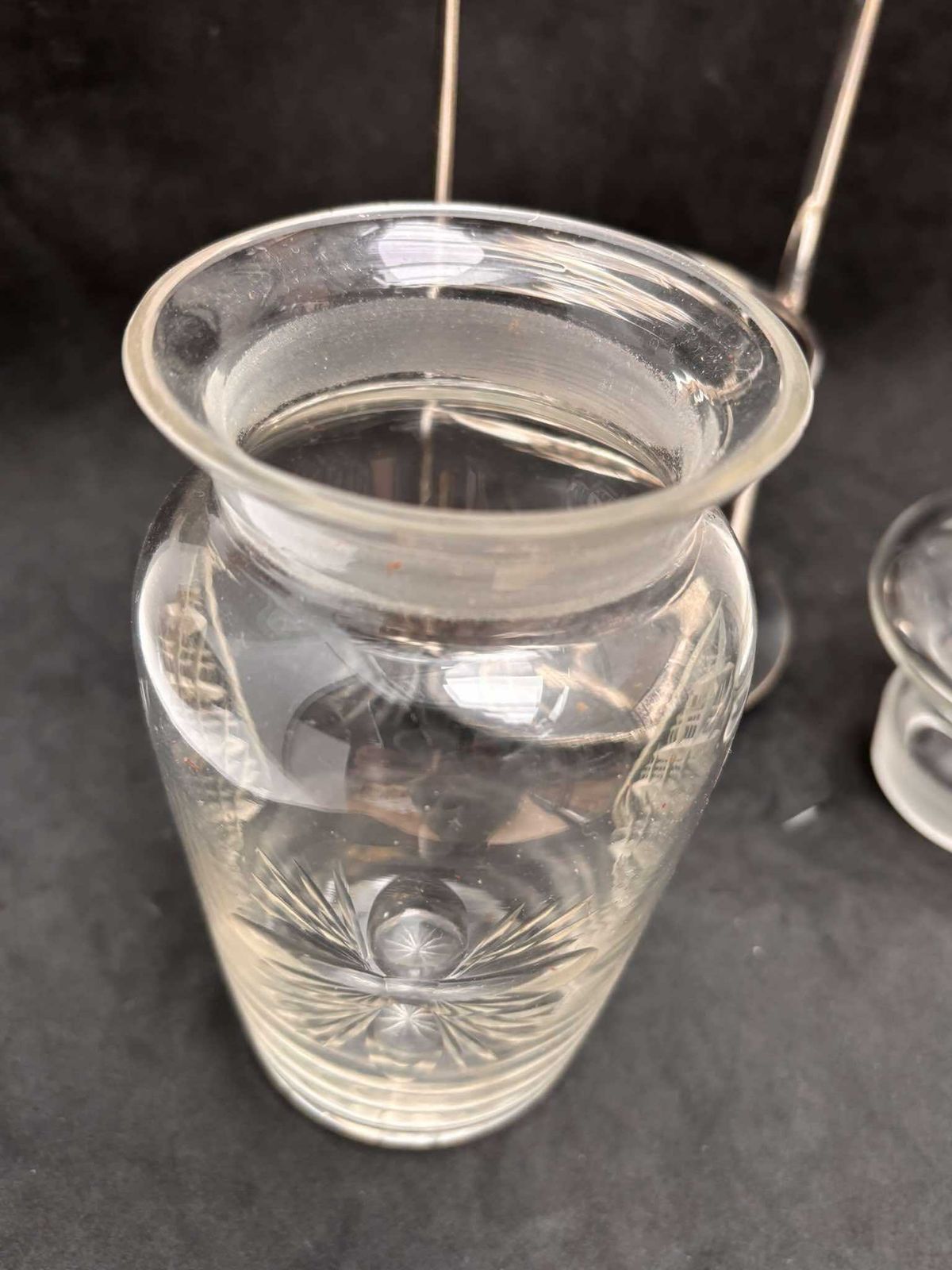 Pickles Jar Cut Crystal Silver Plated English 1890s 1900s Table Cruet Pickle Jar Caddy Glass Bottle On Stand photo vintage
