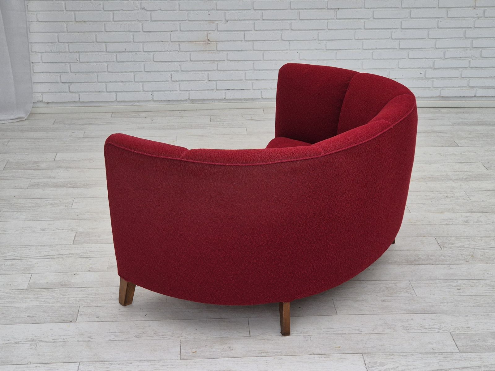1960s, Danish 2 Seater Curved Sofa, Original Red Furniture Fabric. photo furniture